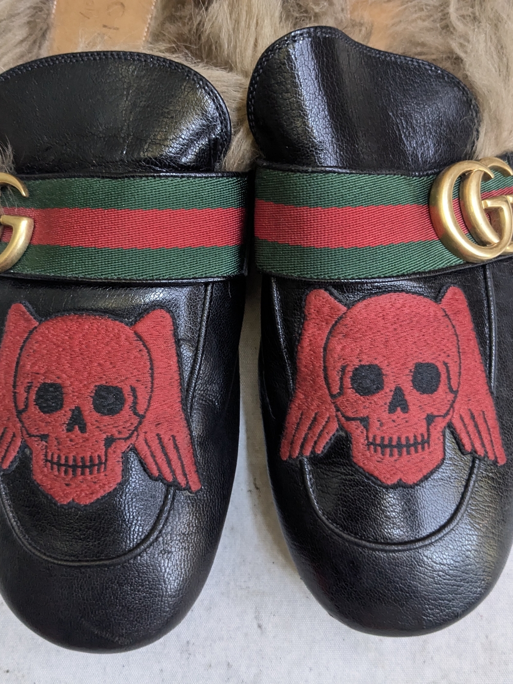 Gucci Black Leather Fur-Trim Princetown Mules with Red Skull Men US 7.5 - Picture 5 of 14